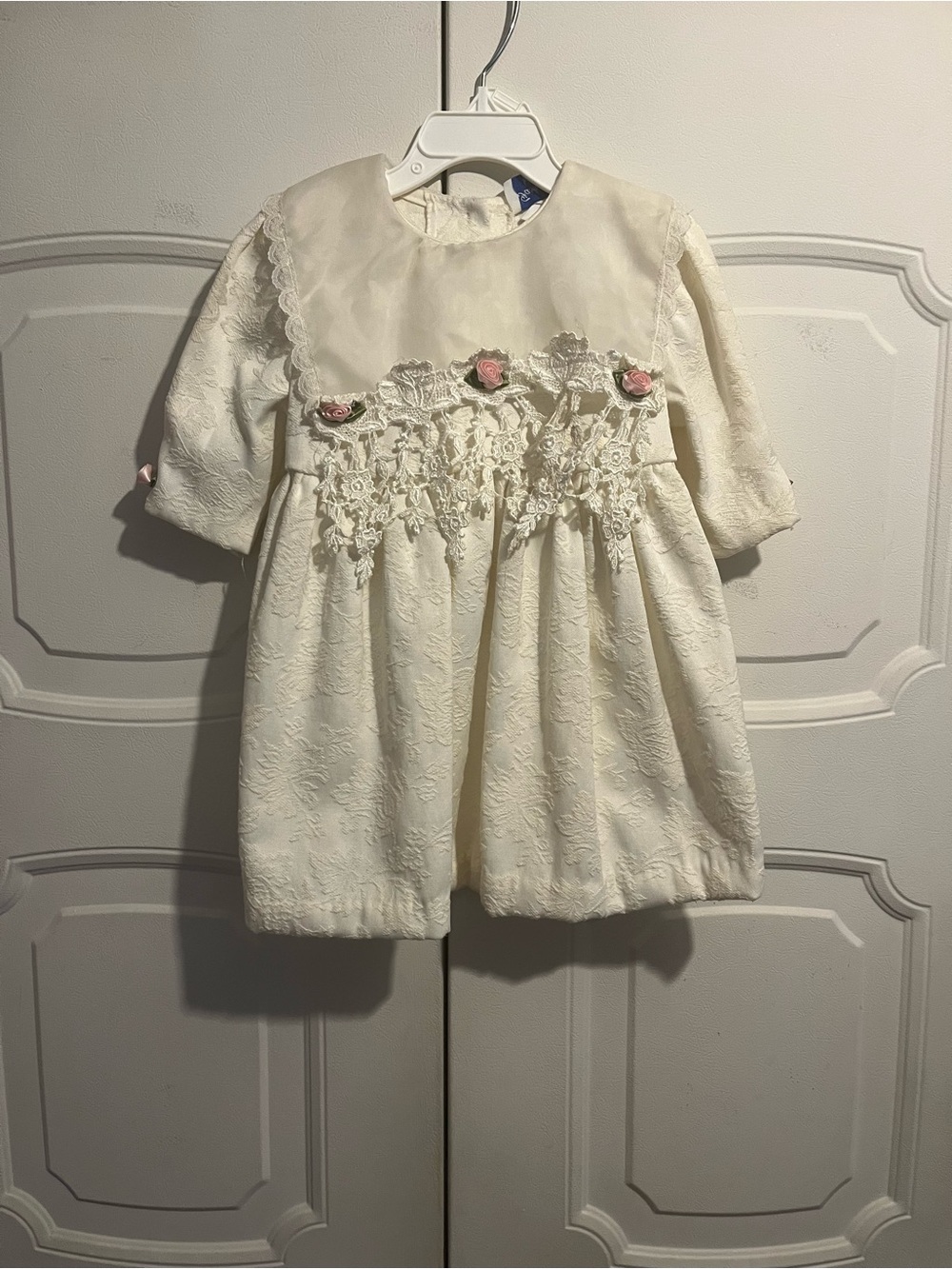 Ivory Floral Lace Girl’s Dress with Pink Rose Accents